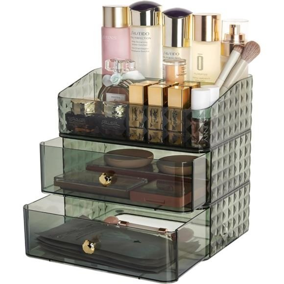 3-Layer Makeup Organizer for Vanity 2 Drawers and 1 Tray